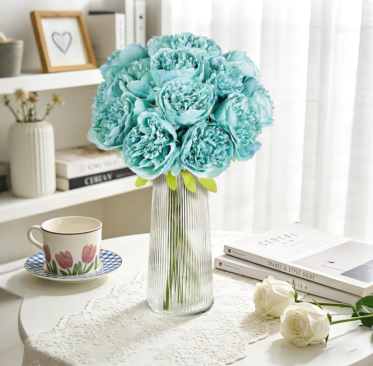 10PCS Artificial Peony Flowers, Real Touch Fake Silk Bouquet with Stems for Home Mothers Day Wedding Party Centerpieces Table Decoration Indoor(Champagne)