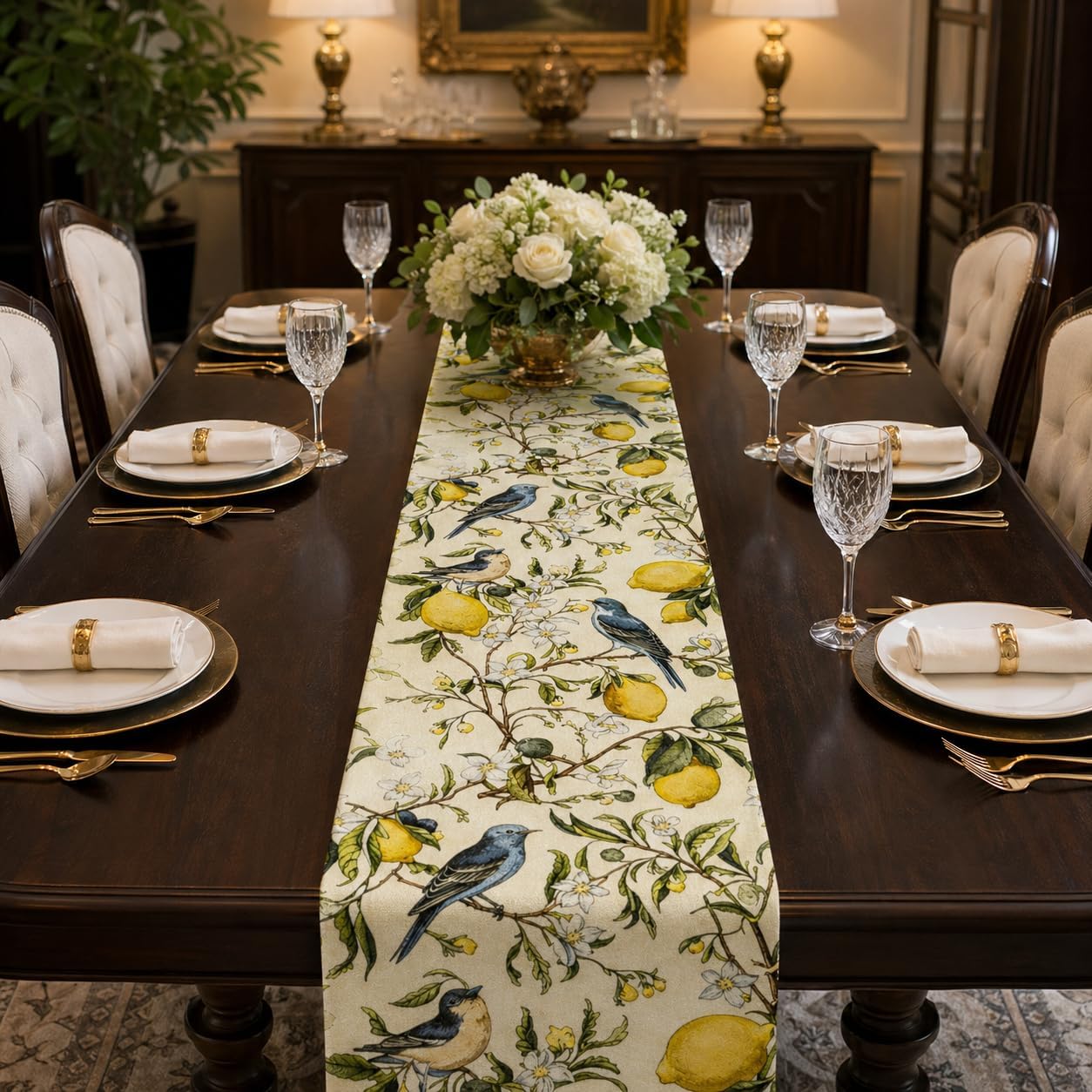 Brown Lemon Tree Bird Flower Table Runner - 13x72 Inch | Summer Kitchen Dining Table Decoration, Indoor Outdoor, Home Party Decor