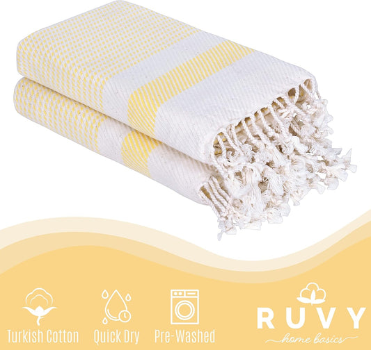Turkish Hand Towels for Bathroom Set of 2 | 18"x40", Cotton | Decorative Towel for Bathroom, Kitchen, Dishcloth, Tea, Yoga, Face, Gym - Yellow