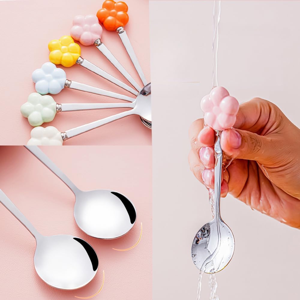 (6 Pieces) Ceramic Flower Stainless Steel Spoon Soup Spoon Dessert Coffee Tea Spoon Small Round Spoon Small Spoon (Yellow)
