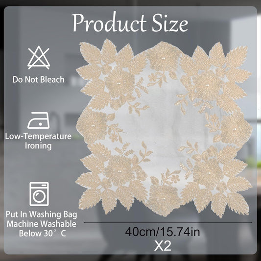 2Pcs Mesh Lace Doily, 40cm*40cm Placemat with Yellow Lace Trim, Coffee Table Topper Washable Dinner Mat for Dining Room Kitchen Wedding Banquet