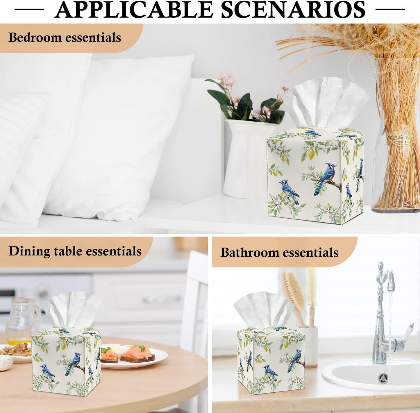 Blue Bird and Lemon Tissue Box Covers Square, Leather Tissue Box Holders Decorative for Car Nightstand Home Office Bathroom Organizer, Square Facial Paper Organizer Home Decor -013