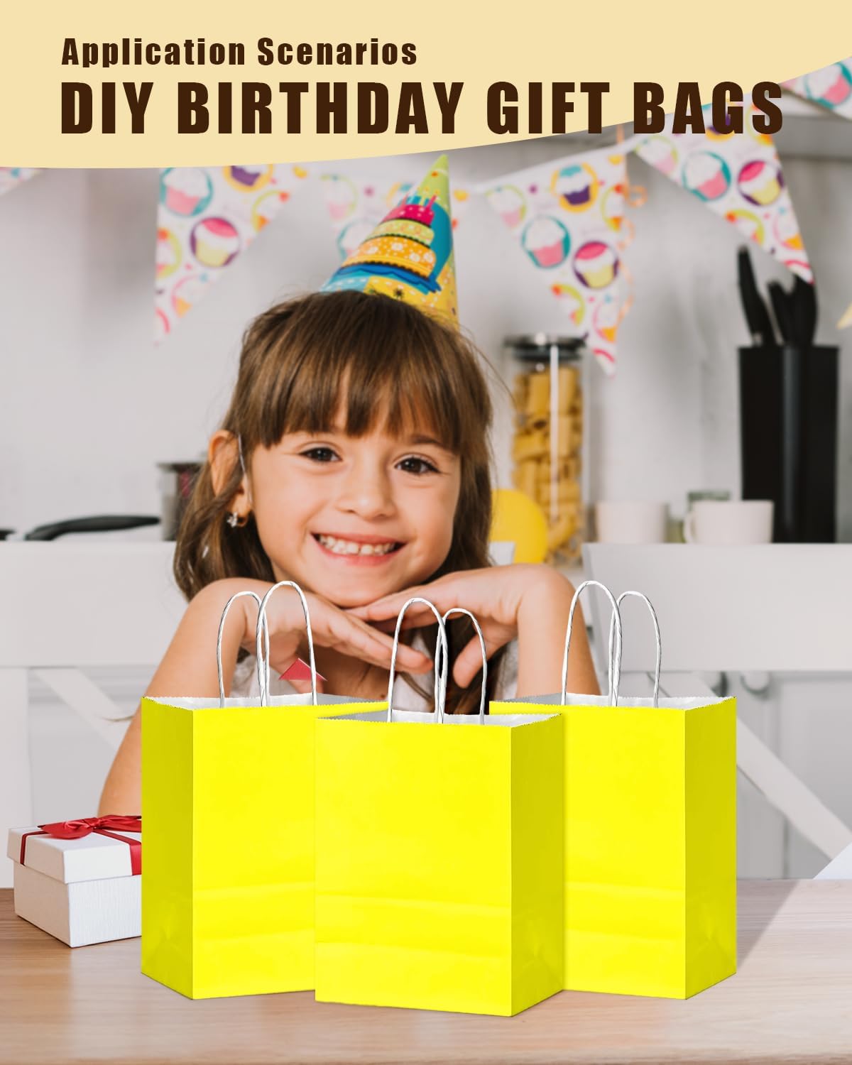24Pcs Paper Gift Bag with Handles Bulk Yellow Paper Bags Multiple Uses (8.3"x6"x3.15", Small Size)
