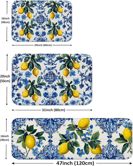 Floral Kitchen Mats for Floor, Lemon Blue Traditional Memory Foam Mats, Cushioned Comfort Washable Non Slip Decor Rugs for Kitchen Sinks Laundryroom Bathroom 3Pcs