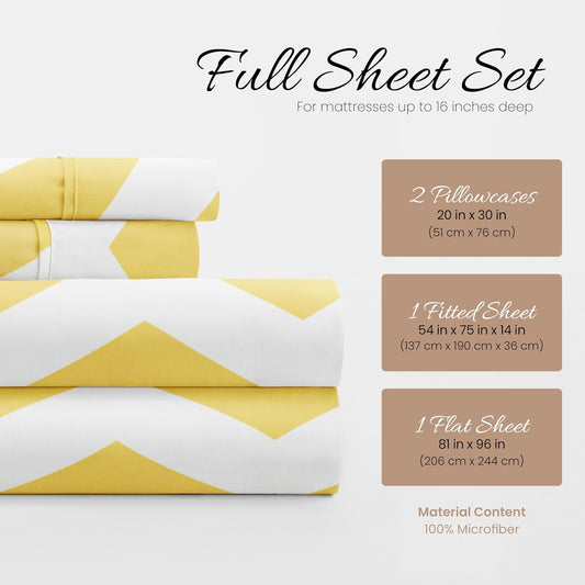Double-Brushed Patterned Microfiber Full Sheet Set 4 Piece β Oeko-TEX Certified Ultra Soft & Wrinkle-Free - 16" Deep Pocket Sheets - Easy Care Full Size - Arrow Yellow