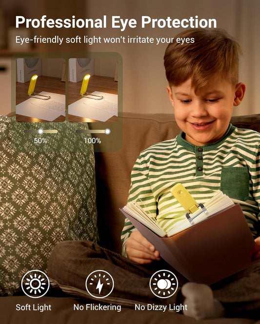 Rechargeable Book Light for Reading in Bed, Warm White, Brightness Adjustable for Eye Care, LED Clip on Book Lights for Kids, Portable Bookmark Light, Yellow