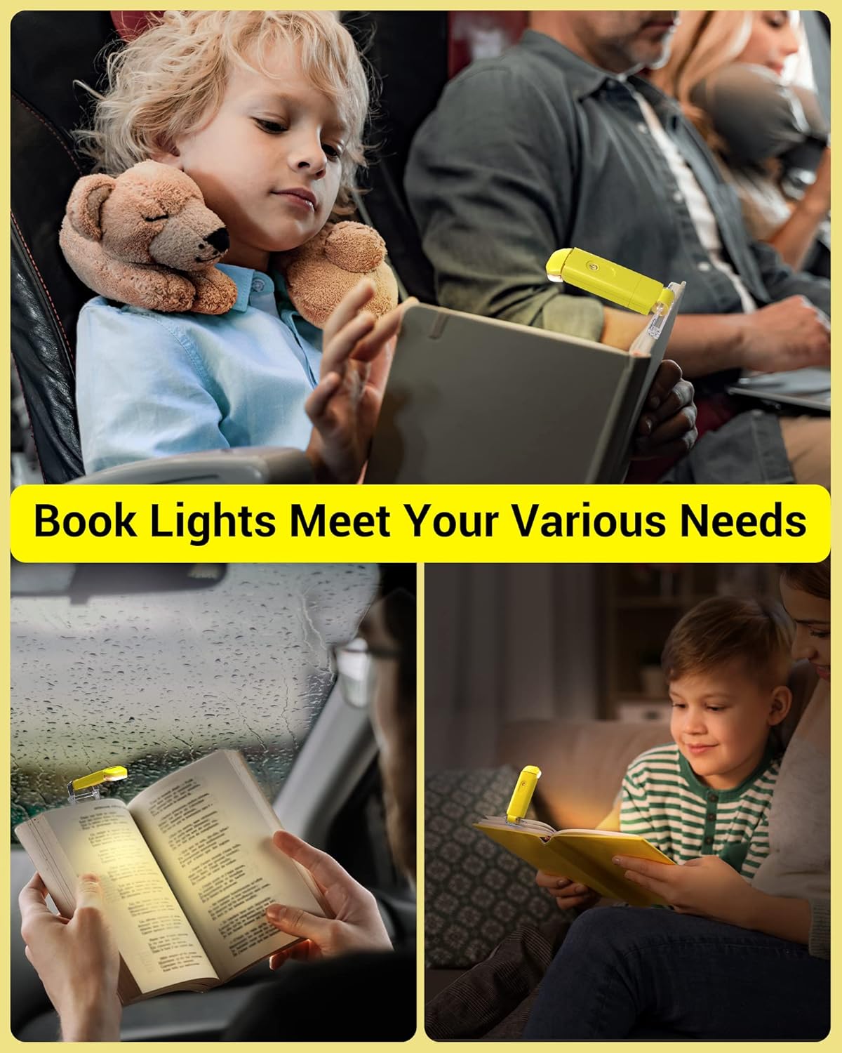 Rechargeable Book Light for Reading in Bed, Warm White, Brightness Adjustable for Eye Care, LED Clip on Book Lights for Kids, Portable Bookmark Light, Yellow