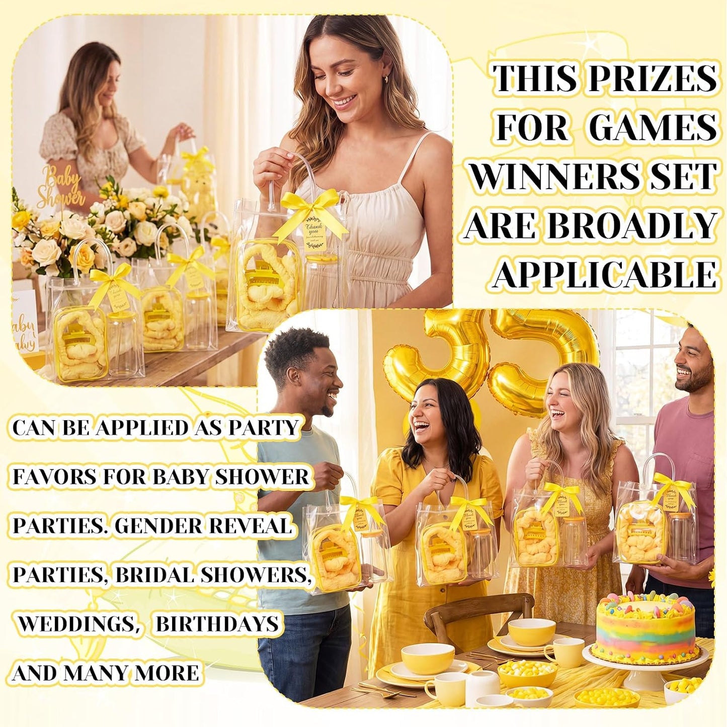 48 Pcs/6 Sets Baby Shower Prizes Winners Include Glass Cans Spa Headband Plush Sleep Eye Mask Hair Claw Clips Clear Cosmetic Bags Baby Shower Player Winner Gifts Bridal Game Gifts(Yellow)