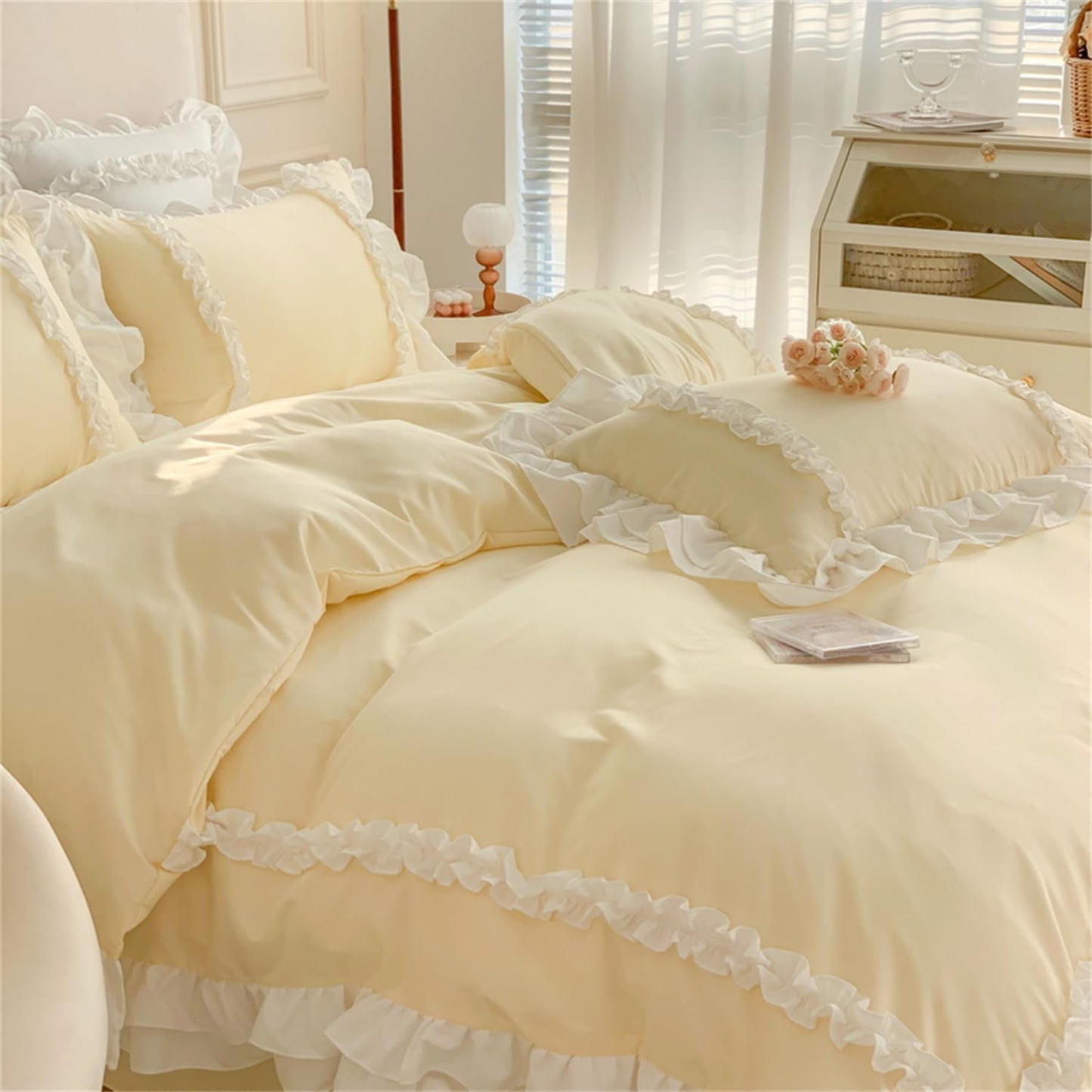 Chic Lace Bedding,Girls Twin Aesthetic Comforter Cover Set,Cute Princess Style Ruffled Duvet Cover with 2 Layers Ruffles, Zipper Closure-Yellow,Twin
