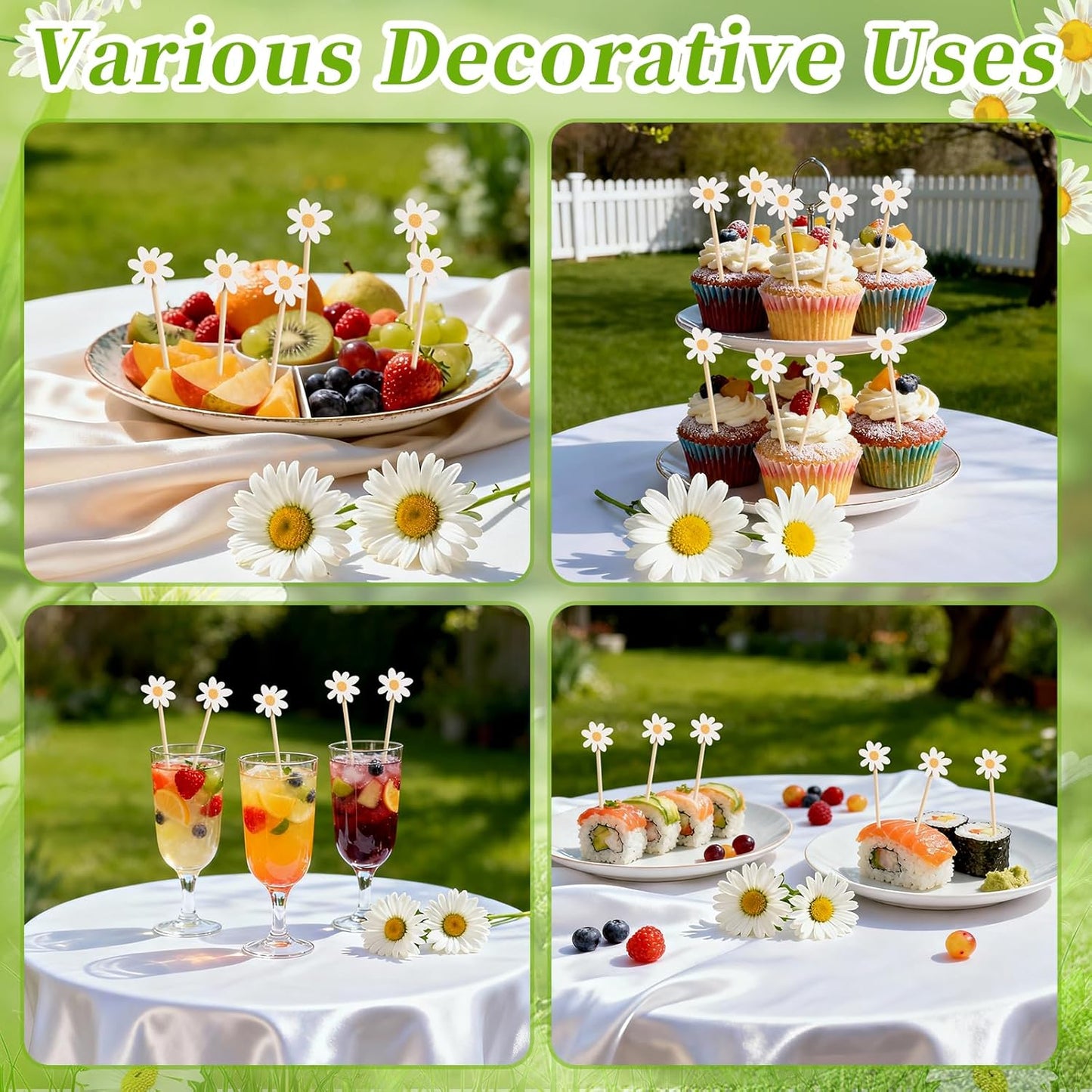 Spring Daisy Cocktail Picks 100 pcs Floral Decorative Toothpicks for Appetizers Fruit Sticks Food Sandwich Sunflower Daisy Decorations Party Supplies for Valentine's Day Birthday Wedding Baby Shower