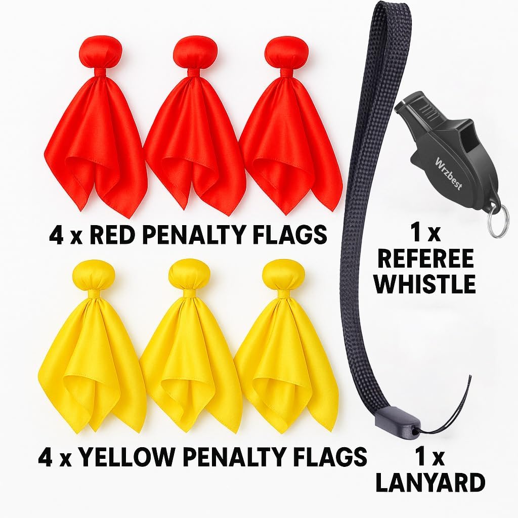 Referee Game Penalty Flags Set – 8 x Soccer Penalty Flags (4 Red & 4 Yellow) + Black Whistle – Ultimate Football Penalty Flags Set for Ref, Party Game, Training – Yellow & Red Penalty Flag, Football Penalty Flags