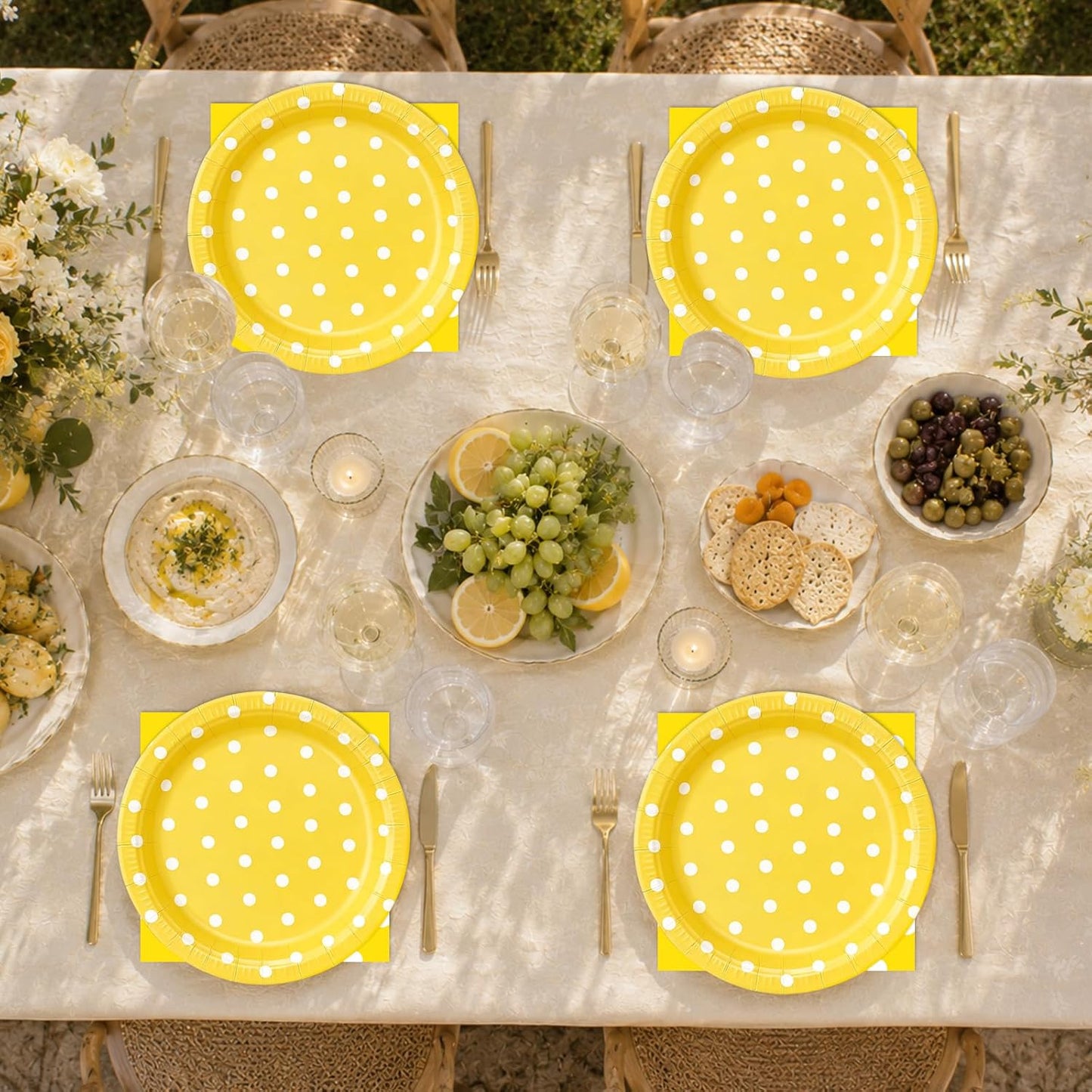 50PCS Yellow Polka Dot Paper Plates and Napkins Party Supplies, Yellow and White Party Plates and Napkins Tableware Set for Birthday Bridal & Baby Shower Wedding Party Decoration