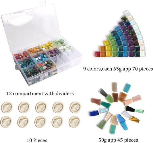 1.5lb Mosaic Tiles Assorted Iridescent Crystal Glass Mosaic Tile for Crafts | Multi Colors Mosaic Pieces Set with Storage Box 680g Bulk Tiles for DIY Picture Frames Handmade Ornament Art Decoration Gifts