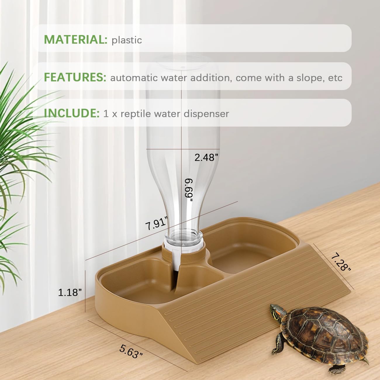 Reptile Water Dispenser Automatic Bottle Climbing Slope Food and Water Double Bowls Feeding Accessories for Turtles Bearded Dragons Lizards Geckos Snakes Brownish Yellow
