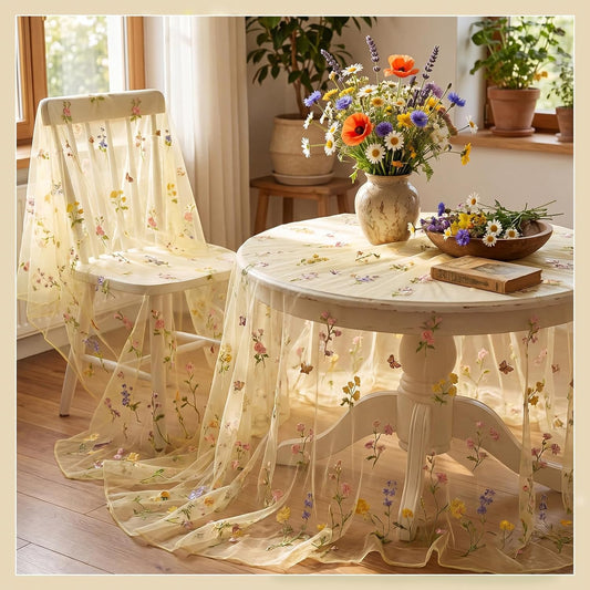 Yellow Wildflower Table Runner 10ft Embroidery Tulle Spring Floral Table Runner Seasonal Summer Butterfly Kitchen Dining Gauze Decoration for Wedding Baby Shower Birthday Party