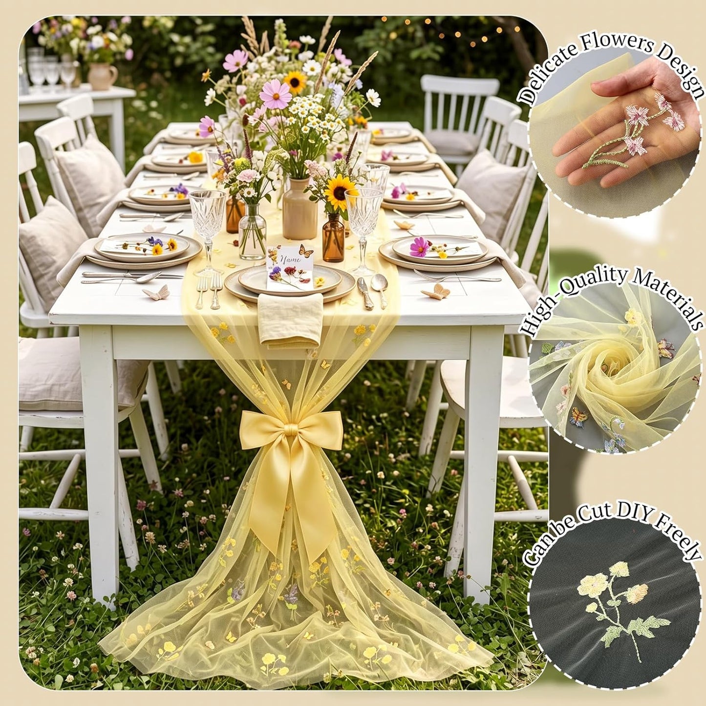 Yellow Wildflower Table Runner 10ft Embroidery Tulle Spring Floral Table Runner Seasonal Summer Butterfly Kitchen Dining Gauze Decoration for Wedding Baby Shower Birthday Party