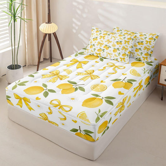 Bow Tie Lemon Full Size Zipper Bedding Set,Yellow Bowknot Comforter Sets for Kids Bedroom Decor,Tropical Fruit Cartoon Flowers Bed Quilt,Orange White Room Decor 4 Pcs Bedding Set for Teens