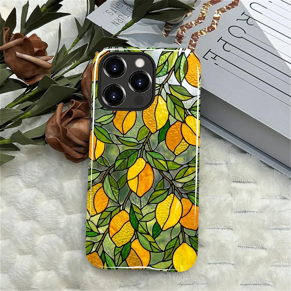 Case Compatible with iPhone 14 Pro, Cute Dual Layer Hybrid Phone Cover, Military Grade Drop Protection, Aesthetic Shockproof Phone Case for Women Girls, Stained Glass Summer Lemon