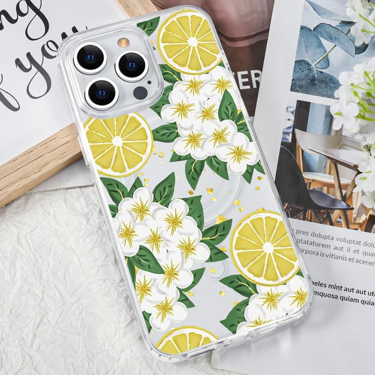 for iPhone 13 Pro Max Flower Magnetic Case Compatible with MagSafe Floral Pattern Clear Shockproof PC Back Soft TPU Edge Slim Cover for Girls Women iPhone 13 Pro Max 6.7'', Lemon Flower
