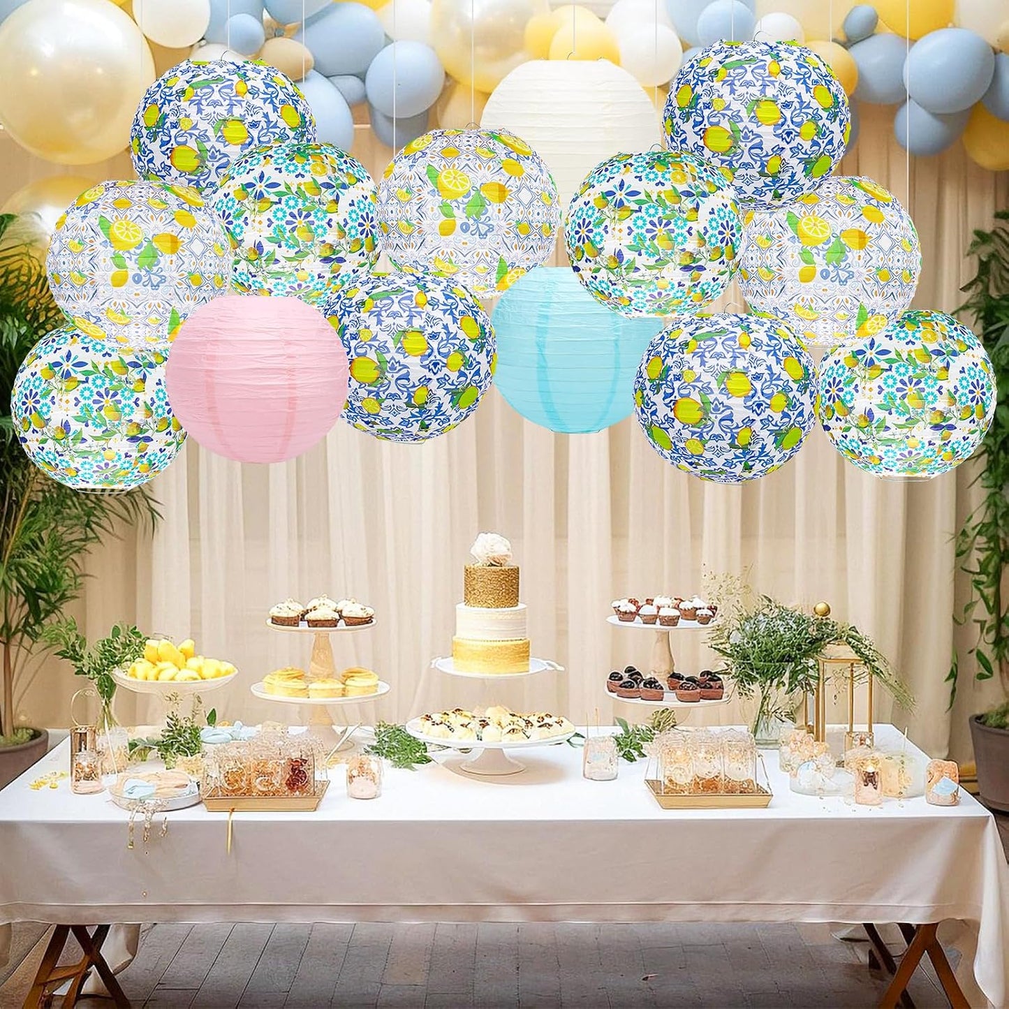 15Pcs Lemon Paper Lanterns Party Decorations - Amalfi Coast Party Decorations Capri Lemon Party Decorations Mediterranean Hanging Decor for Birthday Bridal Shower Wedding Supplies