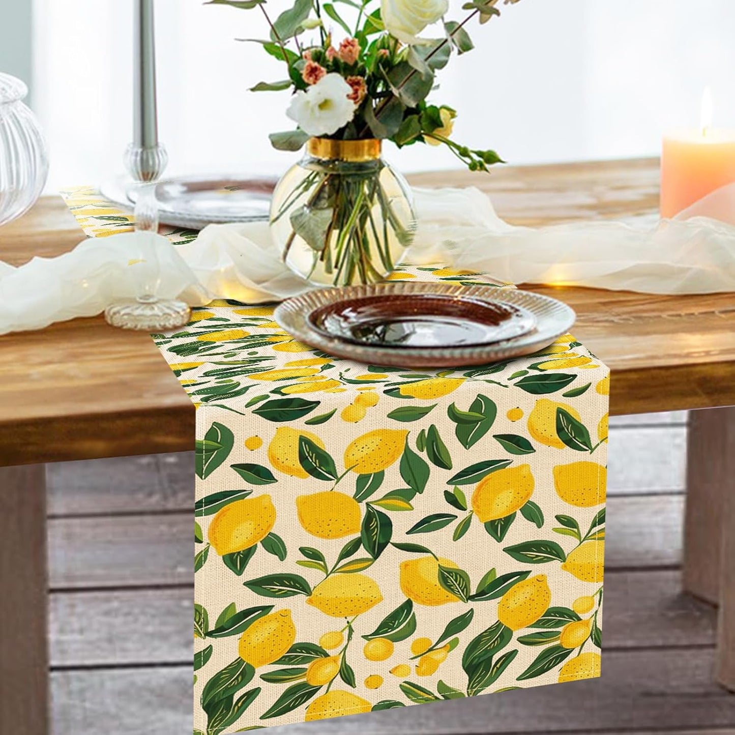 Lemon Dining Table Runner, Spring Summer Citrus Fruit Burlap Kitchen Decoration, Seasonal Indoor Outdoor Home Decor Party Supply 13 x 72 Inches