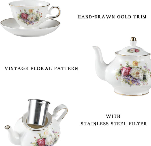 Sweejar Porcelain Tea Set Vintage Floral, British Relief Gold Rim Teapot Cup and Saucer Sets, 22-Piece Tea Sets for Adults, with Teapot, Sugar Bowl, Milk Jug, Spoons, Cup and Saucer (Flower Style)
