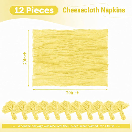 Cloth Napkins Set of 12, 20x20 Inch Yellow Cheesecloth Napkins Rustic Boho Gauze Dinner Napkin Cloth Washable Elegant Table Napkins for Wedding Party Bridal Baby Shower Table Decor
