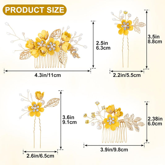 4pcs Camellia Flower Tassels Hairpin, Non-Slip Crystal Pearl Hair Comb Clips, Retro Chinese Hanfu Wedding Brides Hair Comb Accessories for Long Hair- Yellow