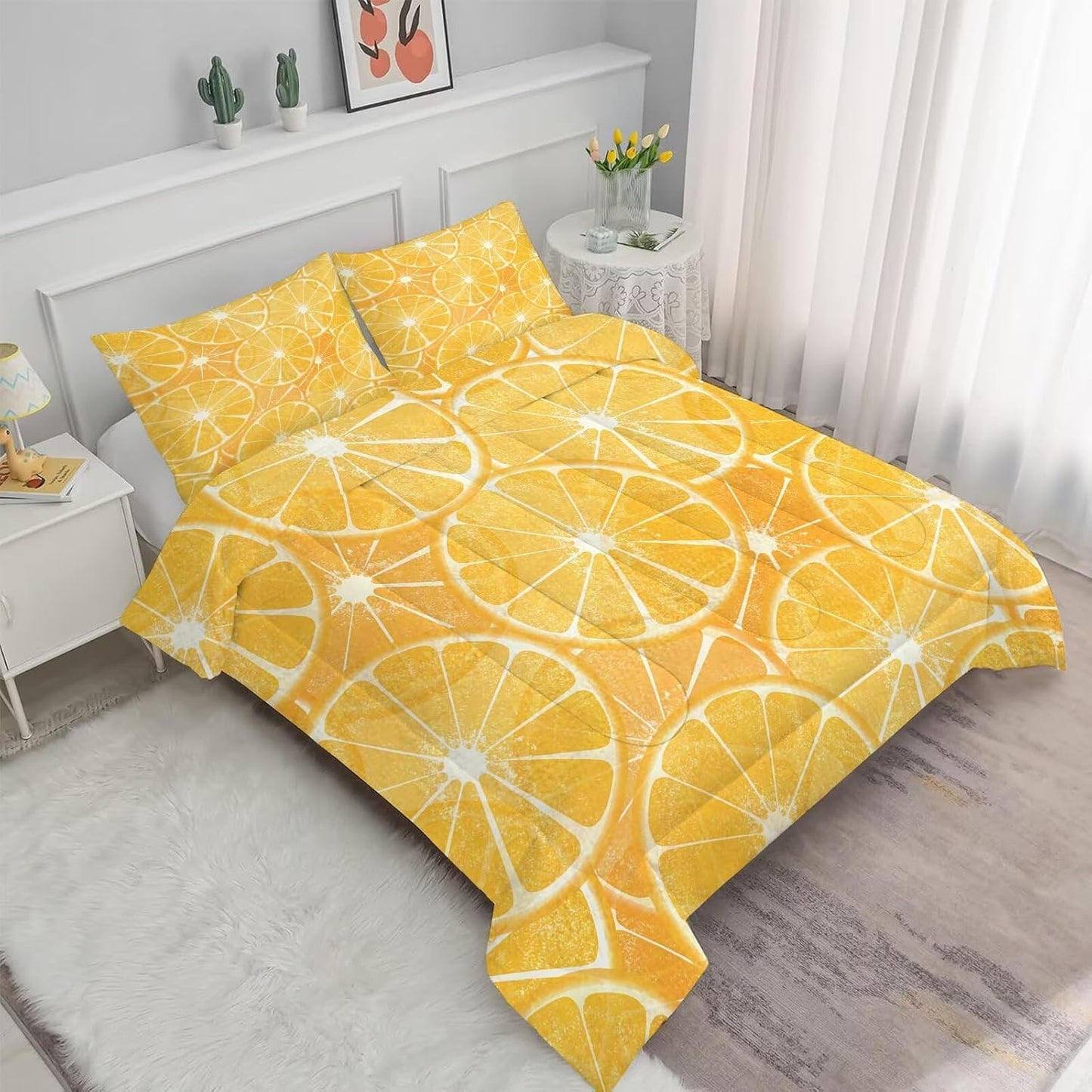 Citrus Fruit Bedding Set Full/Queen Yellow Comforter for Girls Women Bedroom Juicy Fresh Summer Lemon Quilt Bed Set 1 Comforter 2 Pillowcases