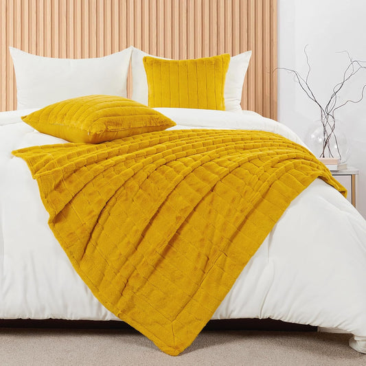 Striped Throw Blanket and Pillow Covers Set (No Inserts) for Couch and Bed, Plush Warm Lightweight Fuzzy Faux Fur Blanket for All Seasons (50" x 60", Mustard Yellow)