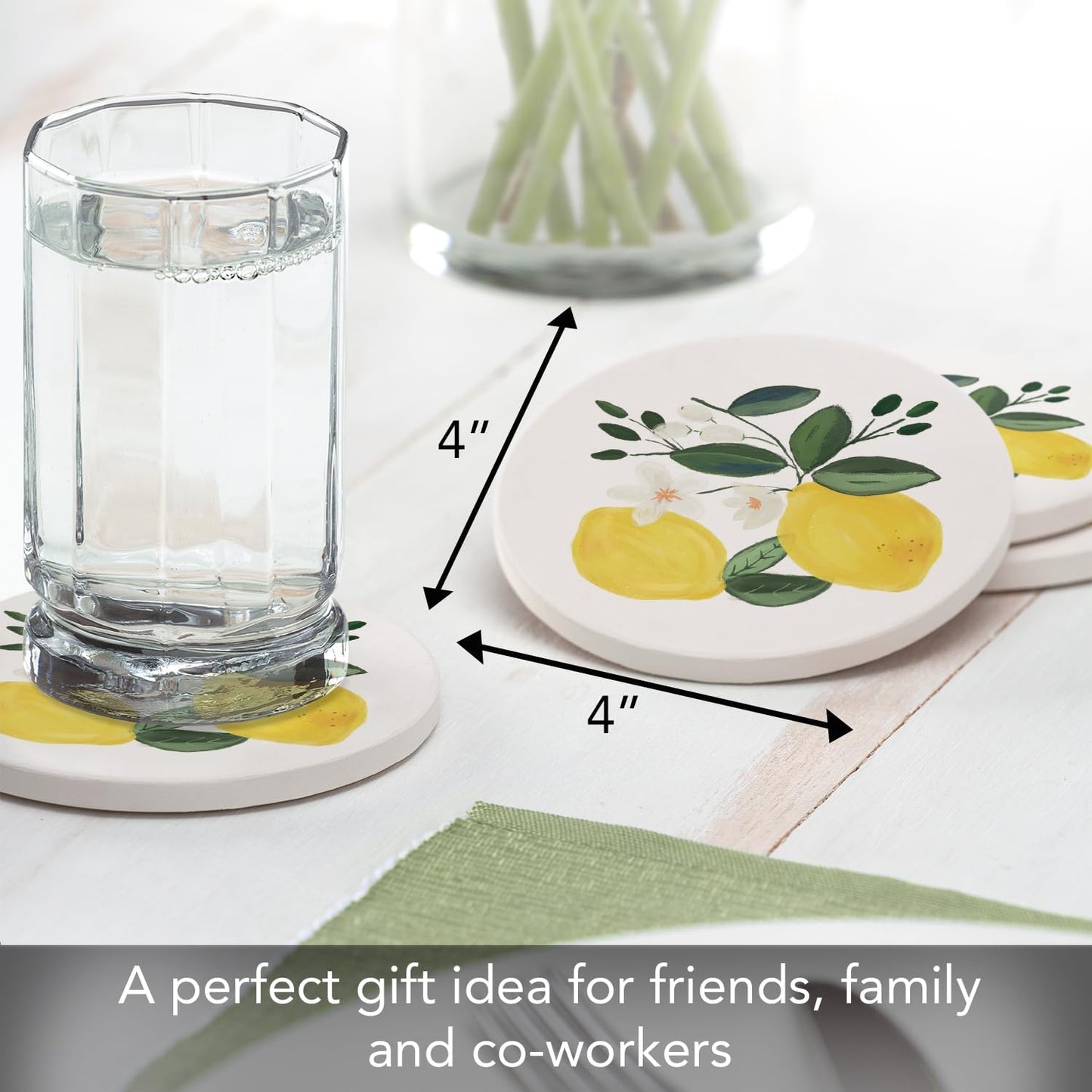 Thirstystone Lemon Blossom 4 Pack Absorbent Stone Coasters | Protective Cork Backing, Manufactured in the USA, Artistic, Easily Wipes Clean