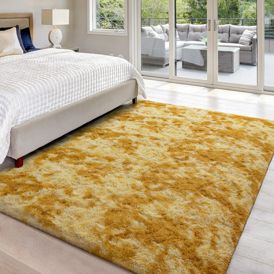 4x6 Large Washable Area Rugs for Living Room Tie-Dyed Orange Yellow | Non-Slip Indoor Shag Fuzzy Soft Fluffy Modern Carpet for Bedroom Dorm Bedside Girls Boys Kids Nursery Playroom Home Decor