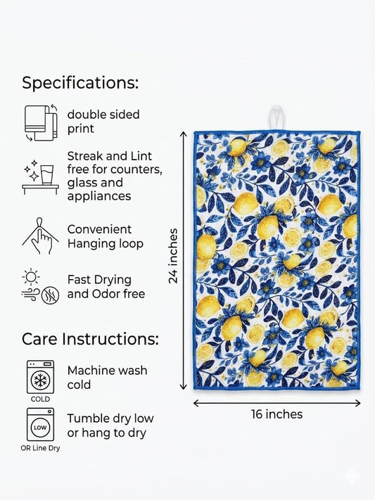 Lemon Kitchen Towels - Premium Quick Dry Microfiber Cloth Spring & Summer Dish Towels for Kitchen Drying - Premium Quick Dry Towel - 16x24 Inches - Italian Lemon (Set of 3)