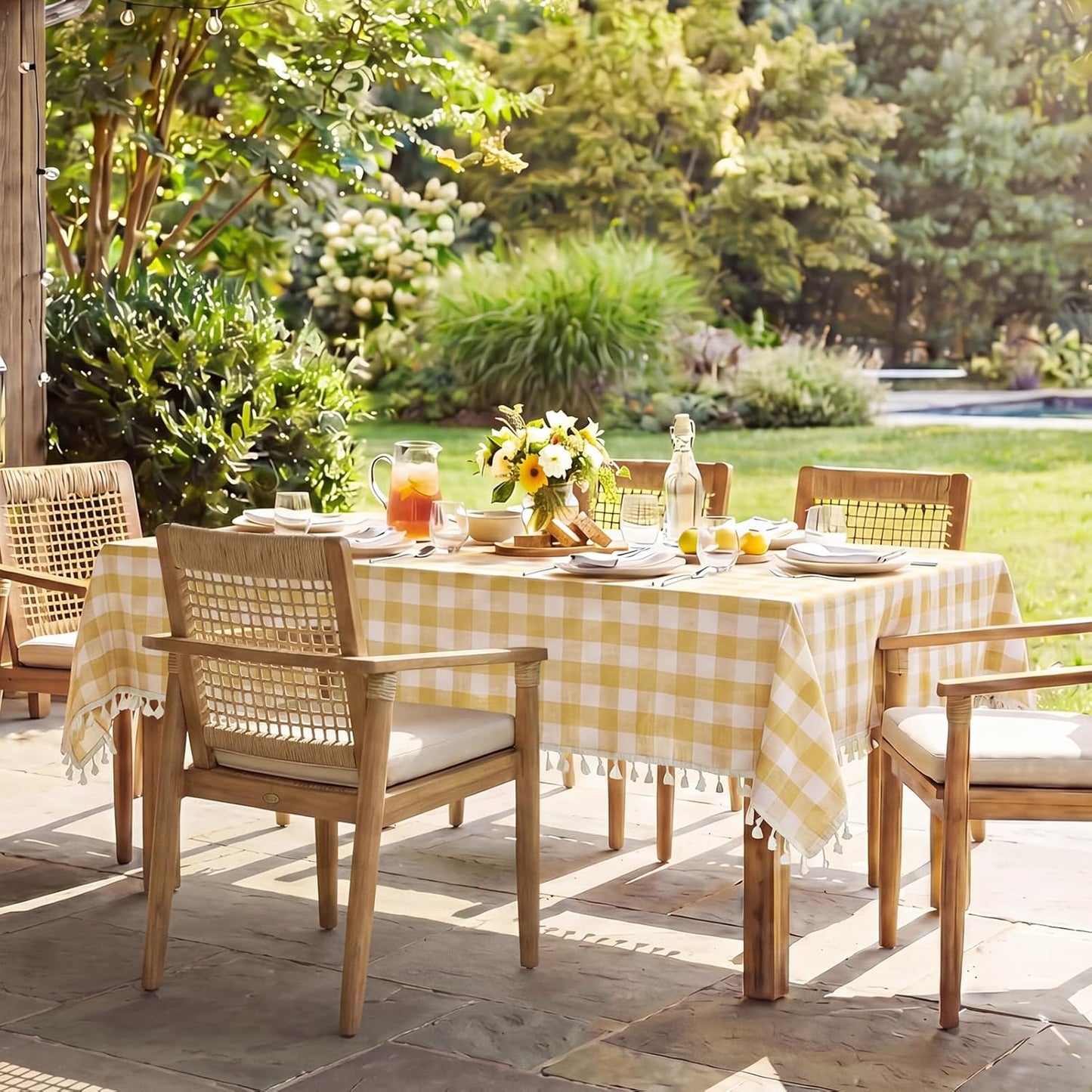 Checkered Tablecloth Rectangle, Outdoor Linen Cotton Gingham Table Cloth with Tassel, Heavy Duty Wrinkle Free Buffalo Plaid Table Cover for Kitchen Dining Summer Party - 55 x 84 Inch, Yellow