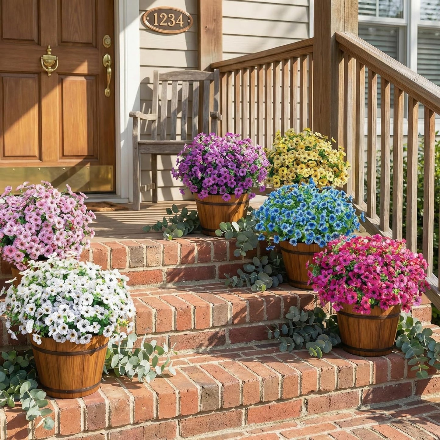 Artificial Outdoor Flowers UV Resistant Fake Plants Greenery 12 Bundles Faux Silk Daisy with Eucalyptus Leaves Summer Outdoor Memorial Day Decor for Porch Patio Yard Garden Farmhouse, Yellow