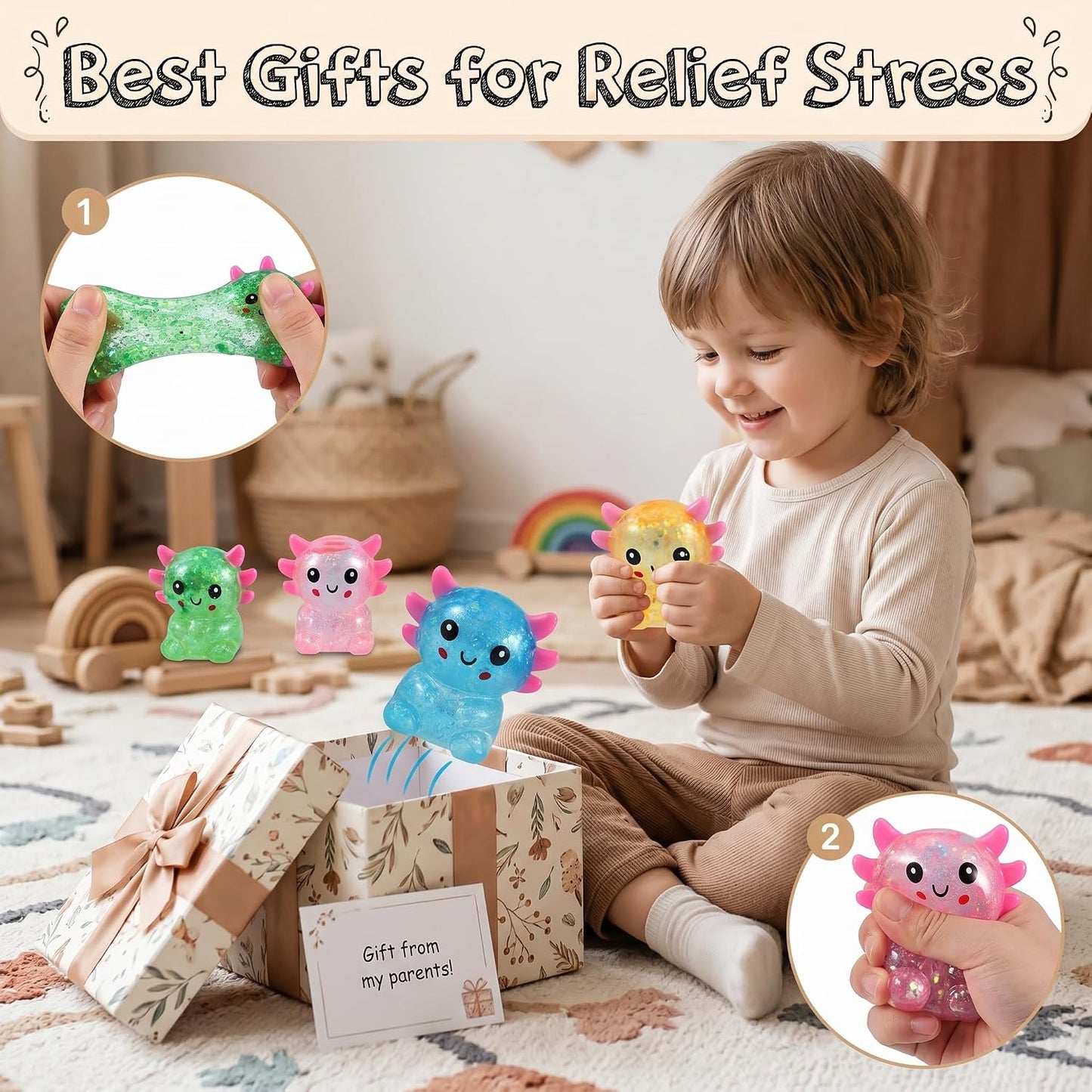 Axolotl Squishy Stress Relief Toy - Giltter Slow Rising Fidget Toy, Cute Sensory Toy, Moldable Soft Squeeze Toys for Adult, Kids, Party Favors Anxiety Relief Squishy Toy(Yellow)