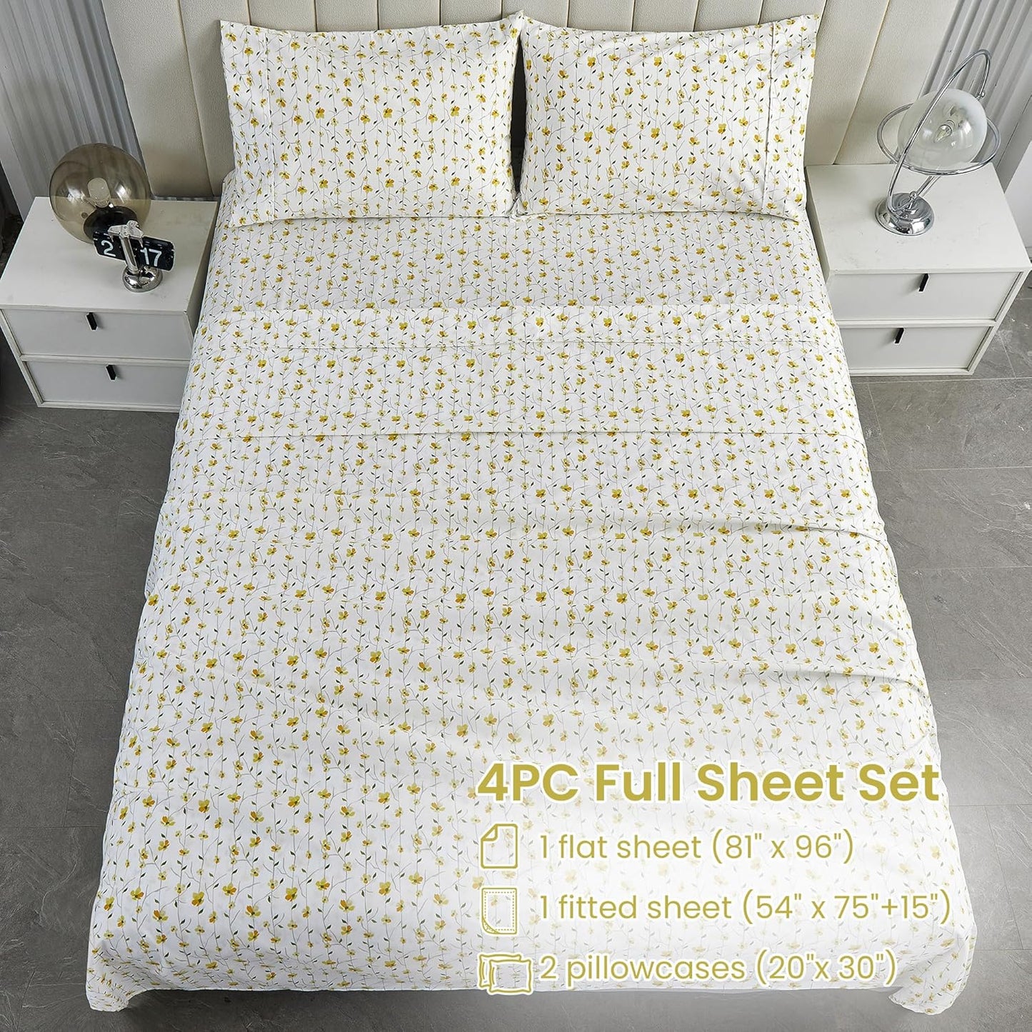 Yellow Floral Bed Sheets Full Flower Printed Sheets - Patterned Microfiber Fitted Sheets Full with 15" Deep Pocket & Non-Slip Straps, Cute Flower Sheets & Pillowcase Set