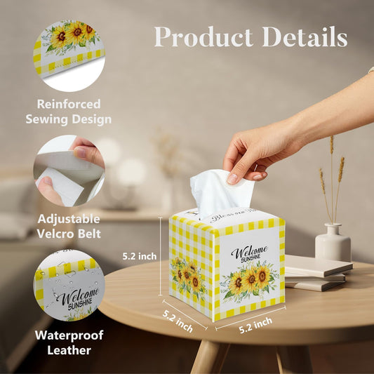 Sunflower Tissue Box Cover Square, Yellow and White Plaid Sunflower Decorative Tissue Box Holder for Bedroom Bathroom Kitchen Office Vanity Countertop, Leather Facial Paper Organizer Dispenser -07