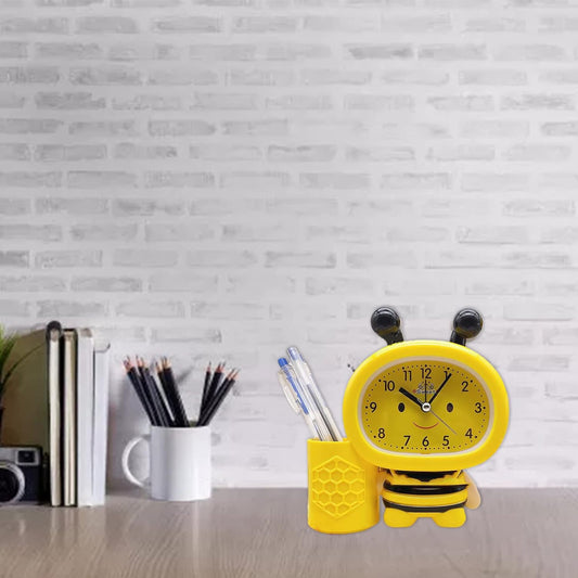 Cartoon Cute Bee Pen Holder Alarm Clock Desktop Clock Bedside Timer Clocks Home Office Table Decoration Pen Holder Cute Desk, Yellow