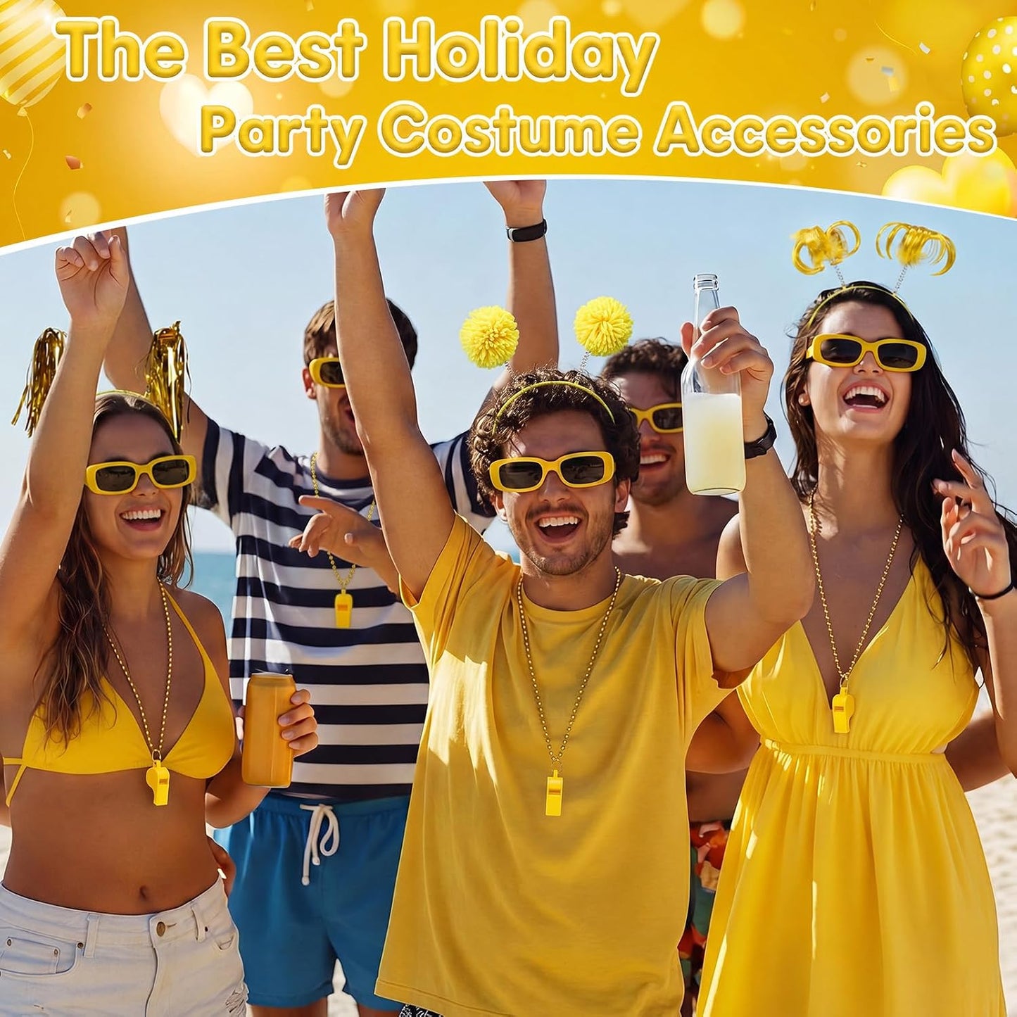 48 Pcs Yellow Team Spirit Party Accessories Holiday Cheerleading Pom Pom Party Headbands Beaded Whistle Necklaces Sunglasses for Tailgates Football Baseball Sports Events