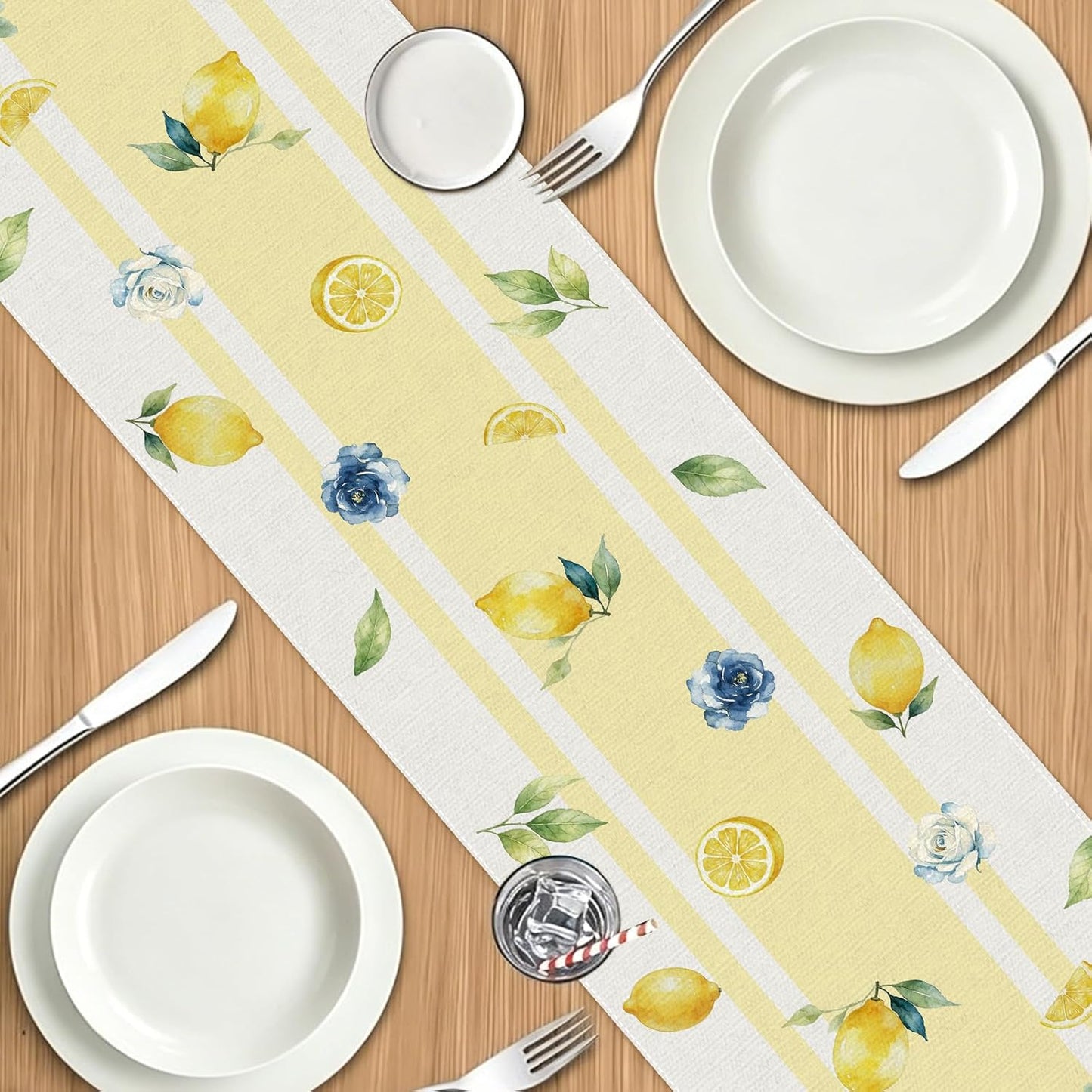 Lemon Floral Table Runner, Yellow and Blue, 72 x 13 Inch | Summer Sunshine Mason Jar Design