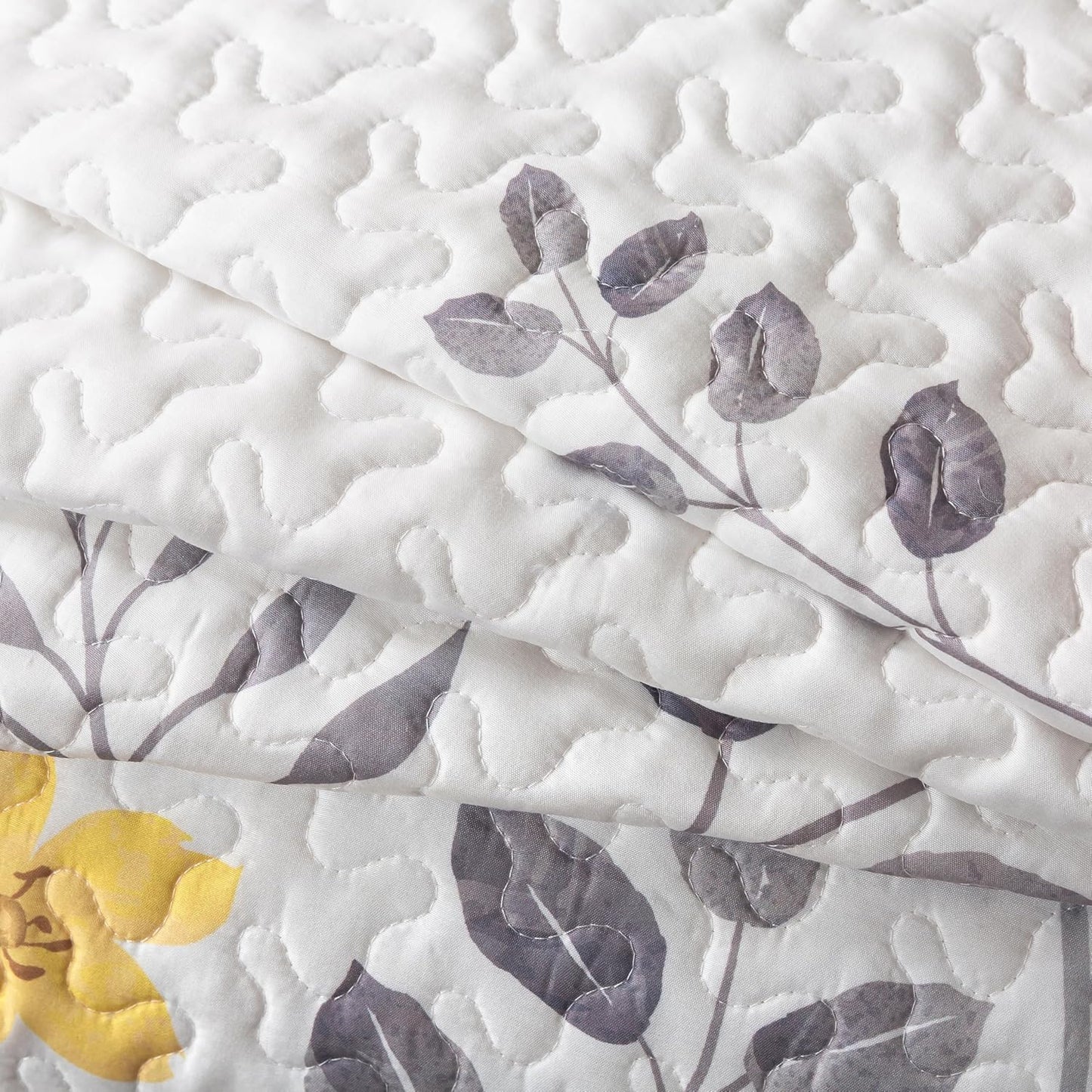 Gray and Yellow Floral Quilt Set, King with 2 Shams | May Flowers Quilted Bedspread, Summer Lightweight Comforter Set, Grey Botanical Bedding for Adults, Flower Coverlet