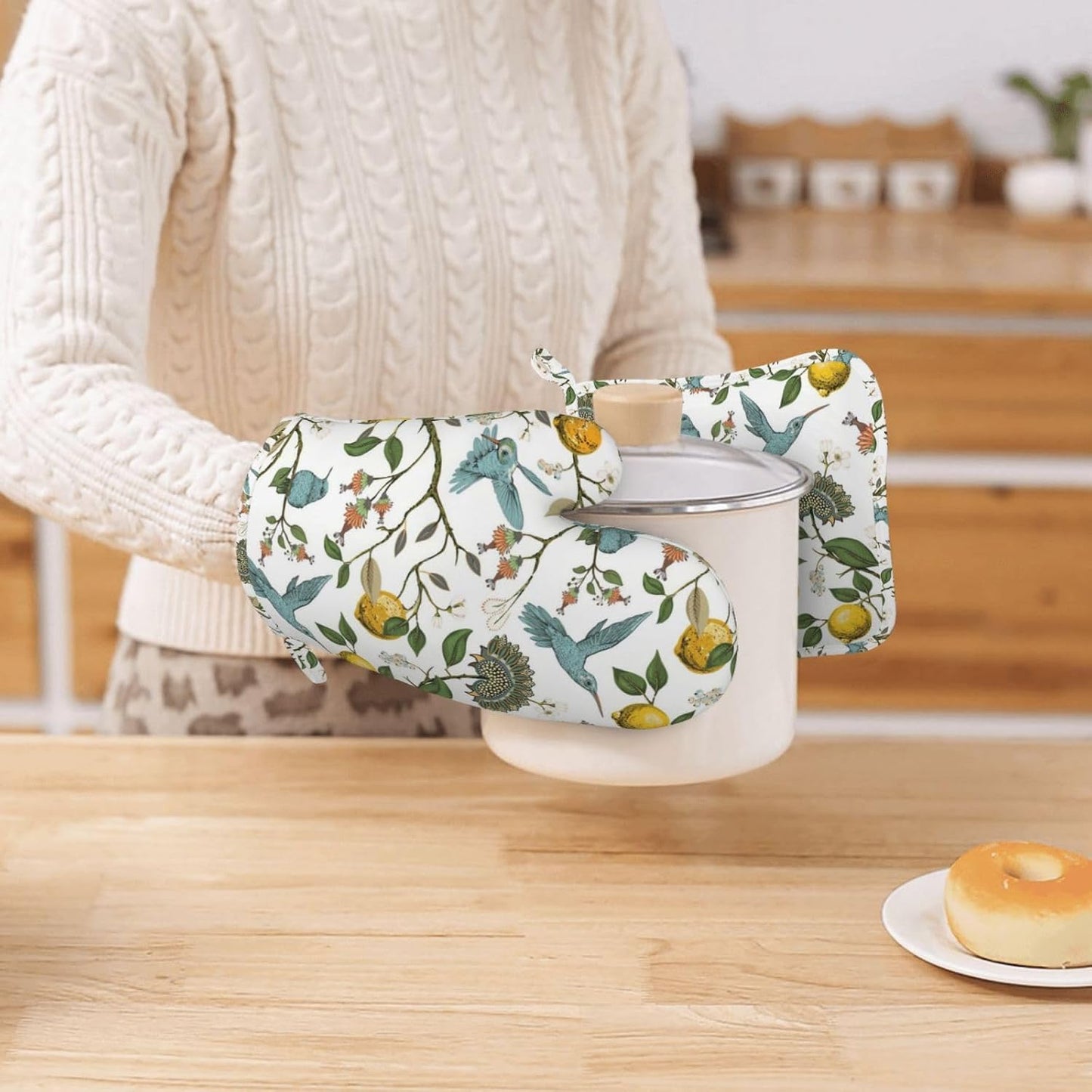 Hummingbird Lemon Flowers Oven Mitts and Pot Holders Sets, Home Silicone Heat Resistant BBQ Gloves for Kitchen Baking Cooking Grilling Microwave
