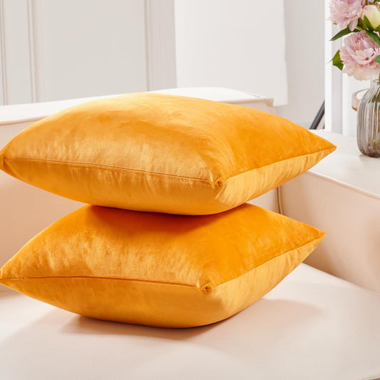 Throw Pillow Covers Set of 2, Soft Velvet Decorative Cushion Covers with Hidden Zipper for Couch Sofa Living Room Bedroom, 26x26 Inch, Gold Yellow