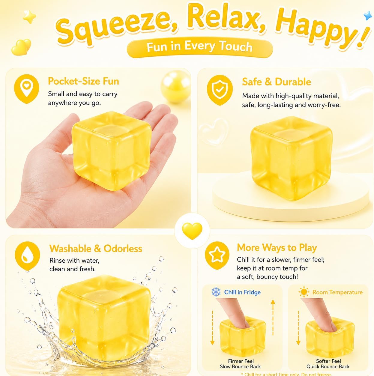 Heavy Duty Squishy Block Toy, 2" Stress Relief Ball, Sensory Fidget Toy for Adults , Calming Desk Accessory and Heavy Squeeze Toy (Yellow Cube)