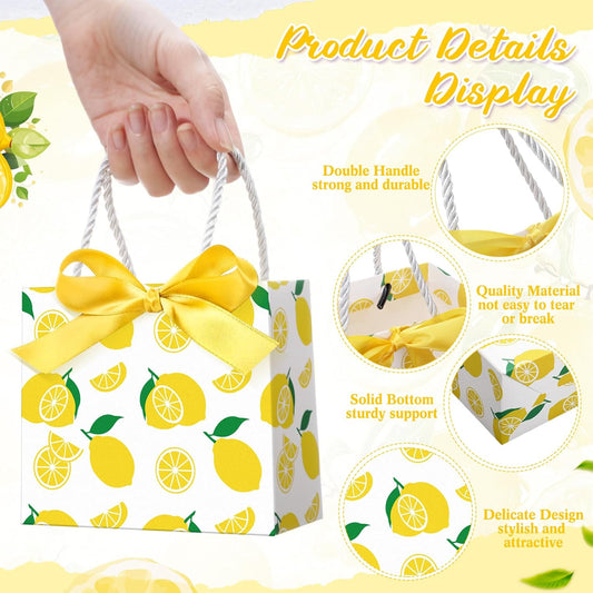 30 Pcs Yellow Lemon Gift Bags Bulk 5.5 x 4.7 x 2.5 in Mini Summer Fruit Favor Bags with Handles Bow Ribbon Wrap for Lemon Birthday Bridal Shower Wedding Party Supplies Family Holiday Travel