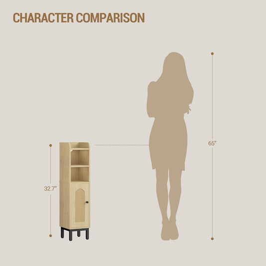 Bathroom Storage Cabinet, Small Corner Floor Cabinet with Door and Shelves, Narrow Toilet Paper Holder, Bathroom Organizer with Adjustable Shelf, for Small Spaces, Rattan Yellow BC08202Y