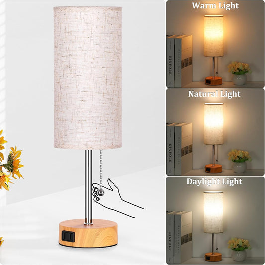 Table Lamp for Bedroom, 3-Color Bedside Lamps with Pull Chain, Bedroom Table Lamps for Nightstand,AC Outlet Small Lamp for Living Room, Bulb Included Oatmeal