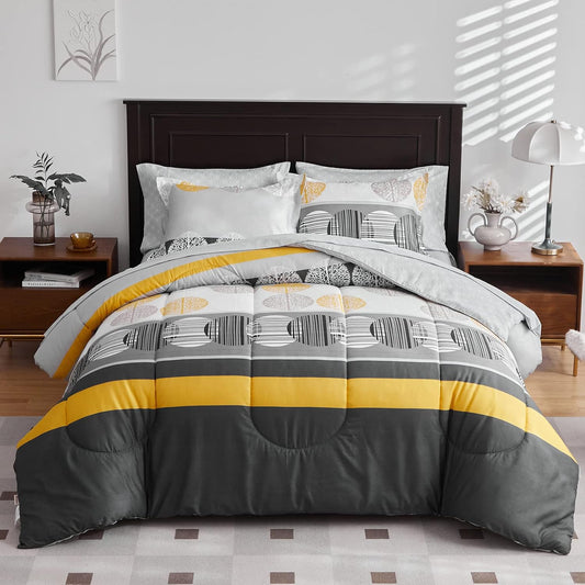 Stripes Bed in a Bag Queen Size 7 Pieces Black Gray Yellow Halloween Color Comforter Sheet Set with Circles Bed Comforter Set (1 Comforter 2 Pillow Shams 1 Flat Sheet 1 Fitted Sheet 2 Pillowcases)