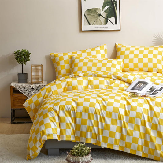 Yellow White Plaid Comforter Sets Twin Size Girls Boys Kids Light Yellow Checkerboard Dorm Bed Comforters Twin Bright Yellow Buffalo Checkered Grid Bed Quilt Soft Comfy Comforter Set Twin
